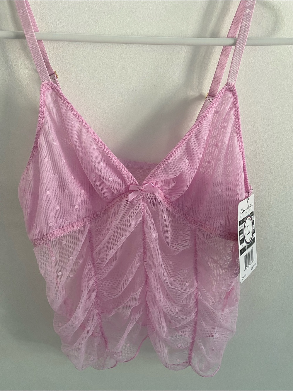 Carrie Amber Sheer Swiss Dot Ruched Bubblegum Pink Cami Shorts Set Size Large